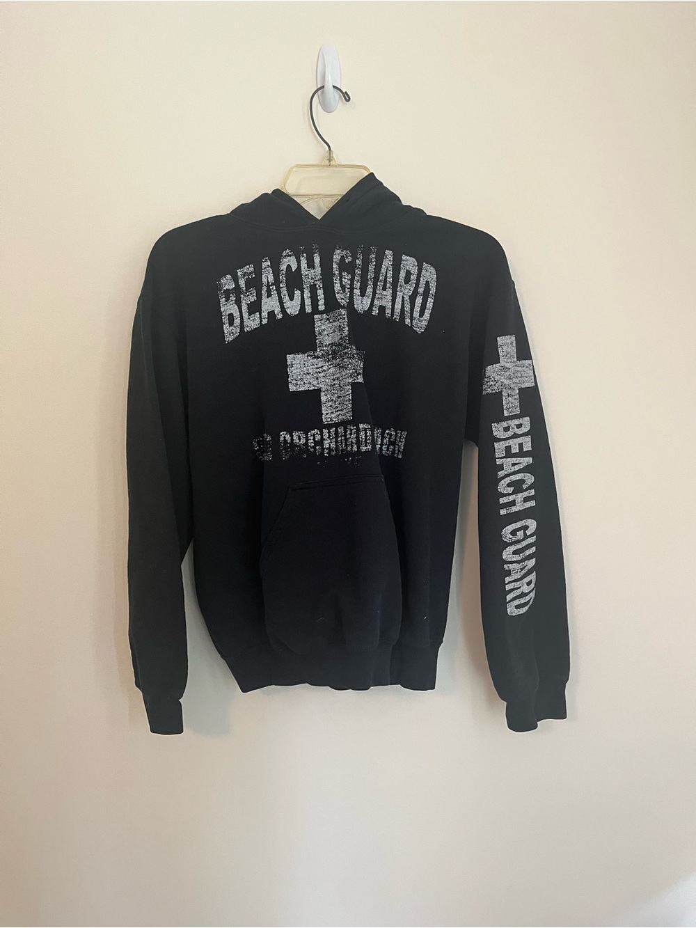 Gildan Black Beach Guard Hooded Sweatshirt with White Print